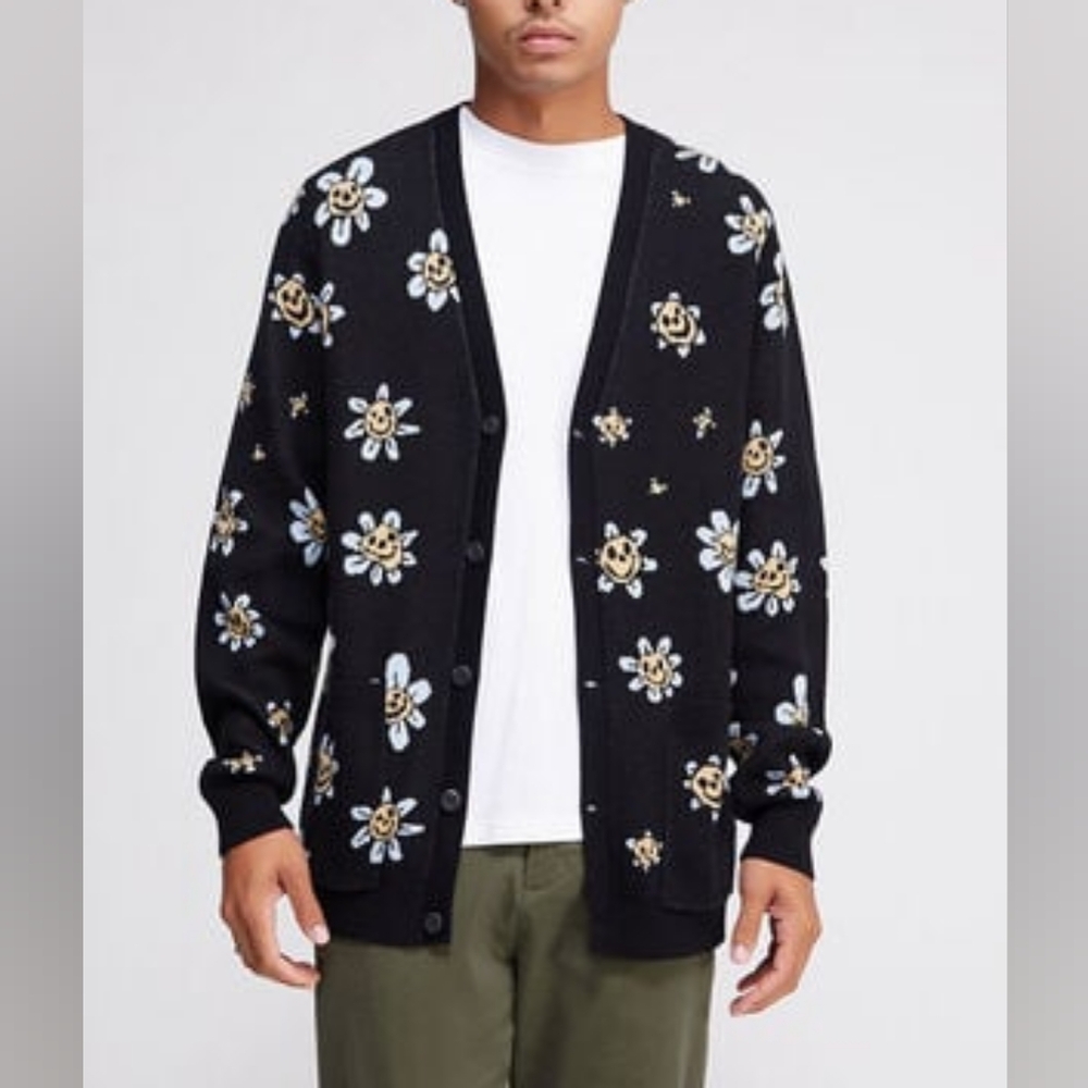 VANS Hilltop Smiley Face Daisy Flower Black Cardigan Sweater NWOT